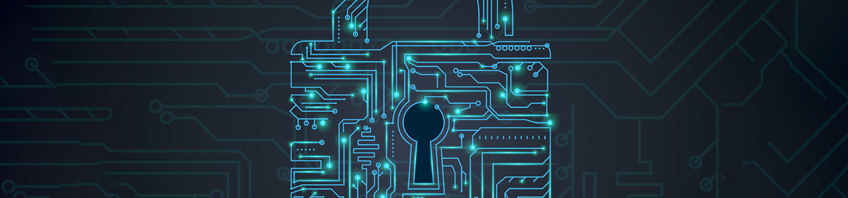 Data protection concept with circuit in lock shape on blue background vector illustration